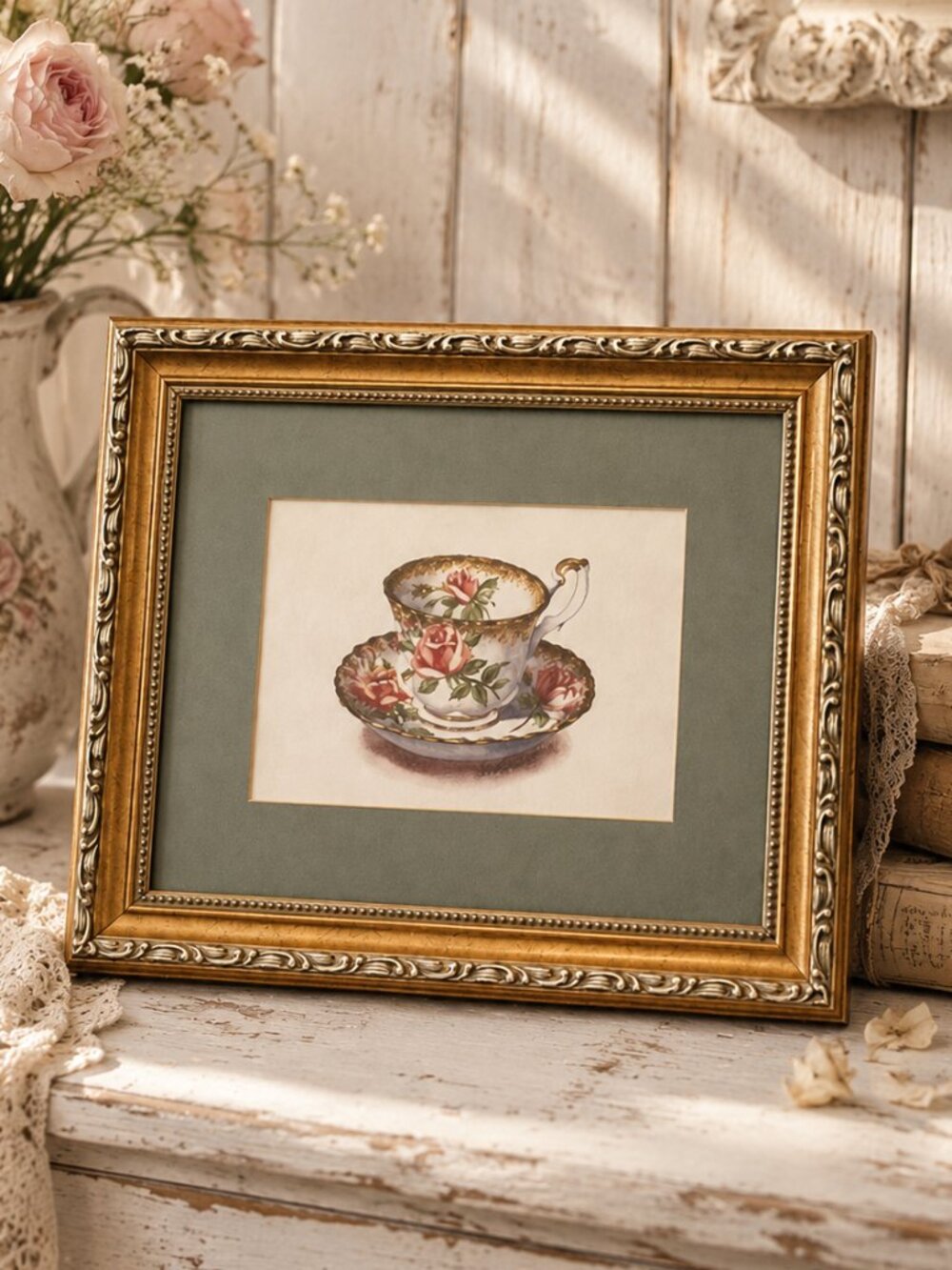 Vintage Erin Dertner Signed Ornate Framed Matted Flower Teacup Art Print